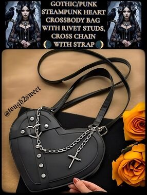 🆕GOTHIC PUNK STEAMPUNK HEART CROSSBODY BAG/ RIVET STUDS, CROSS CHAIN & STRAP